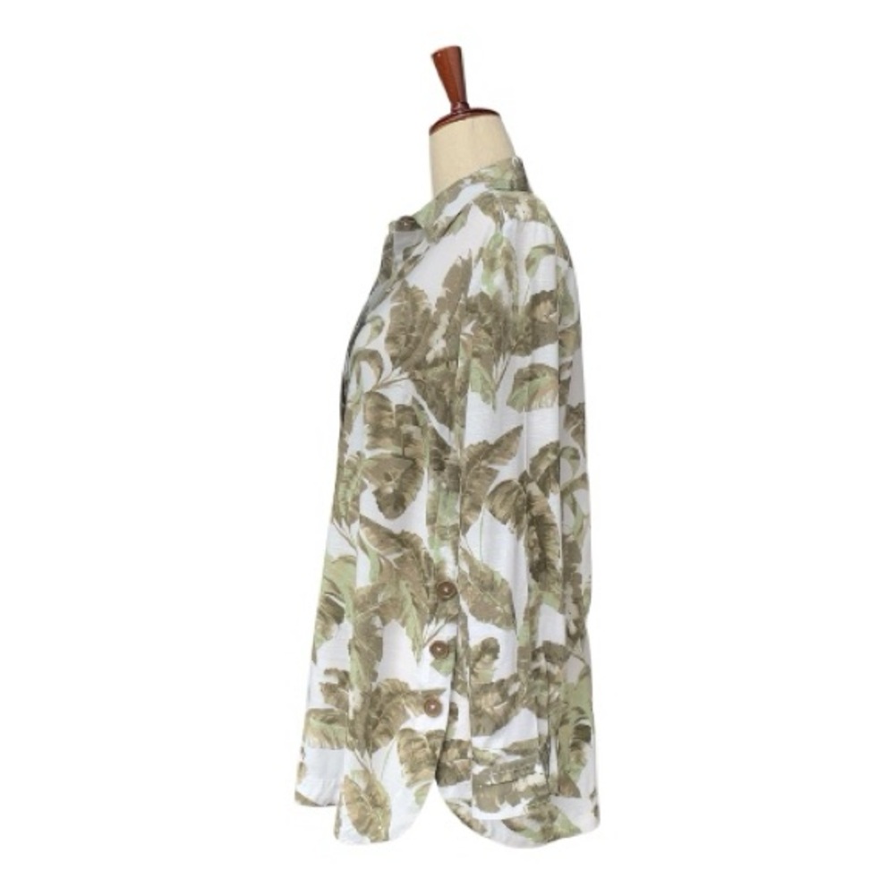 Chico's White Olive Green Leaf Print Blouse Lightweight Tab Sleeve‎ Tunic Size 1 - Picture 2 of 12